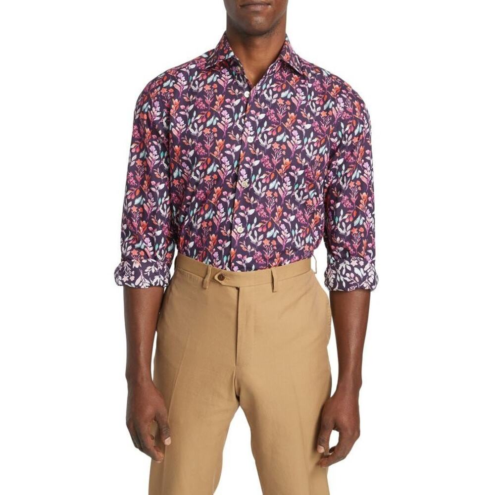 $1,395 NWT Kiton Foliage Purple Multi Color Print Button-Up Shirt Size 15.5/39